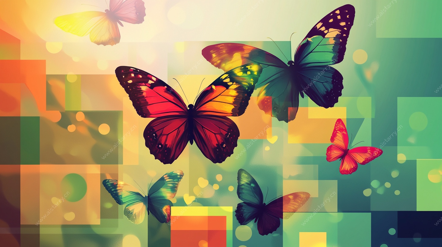 多彩蝴蝶于方块背景飞舞