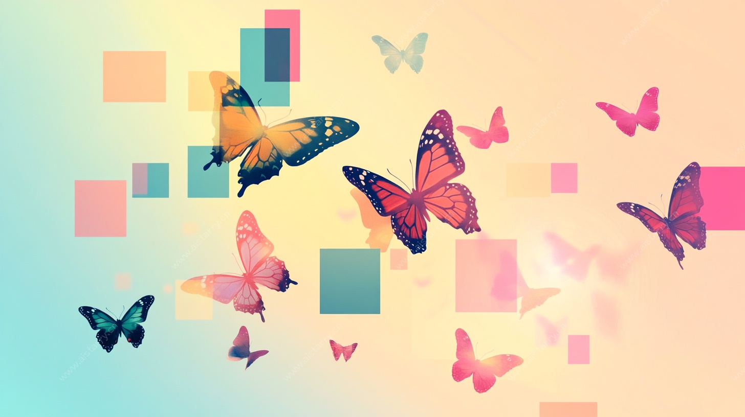 梦幻蝴蝶与彩色方块背景