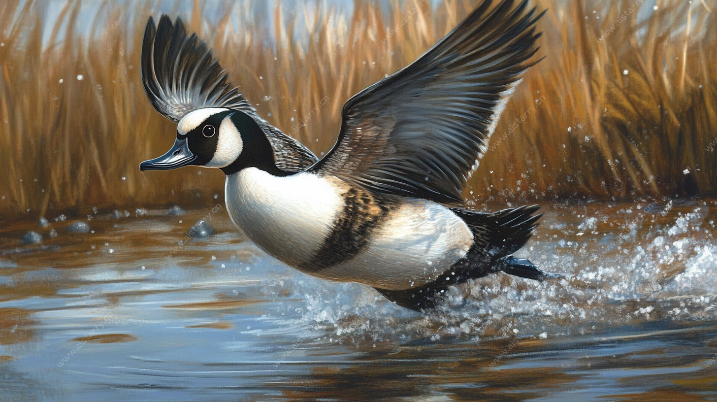 飞翔的斑背潜鸭