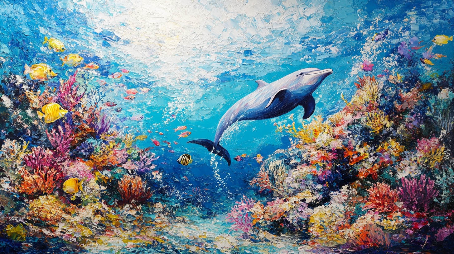 梦幻海底的海豚遨游图