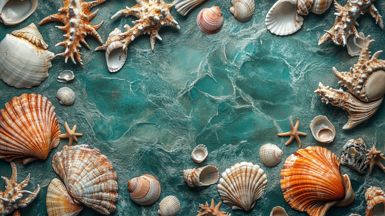 多彩贝壳环绕的海洋图景