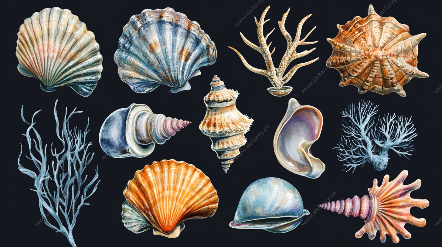 多彩海洋贝壳与珊瑚插画