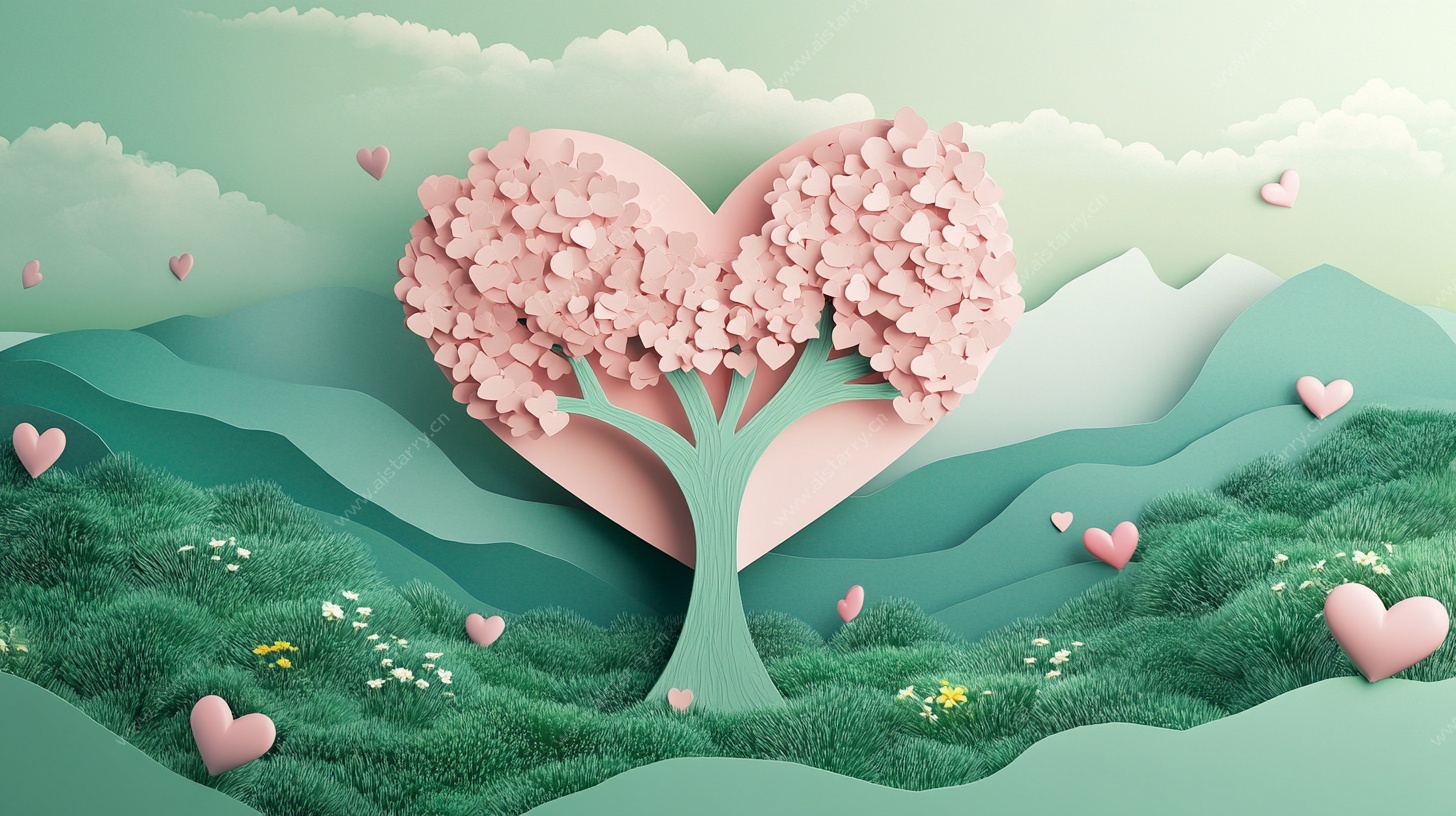 心形樱花树梦幻风景图