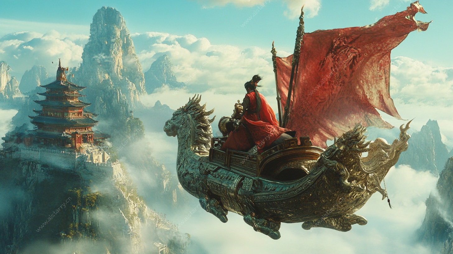古风奇幻飞舟仙人图