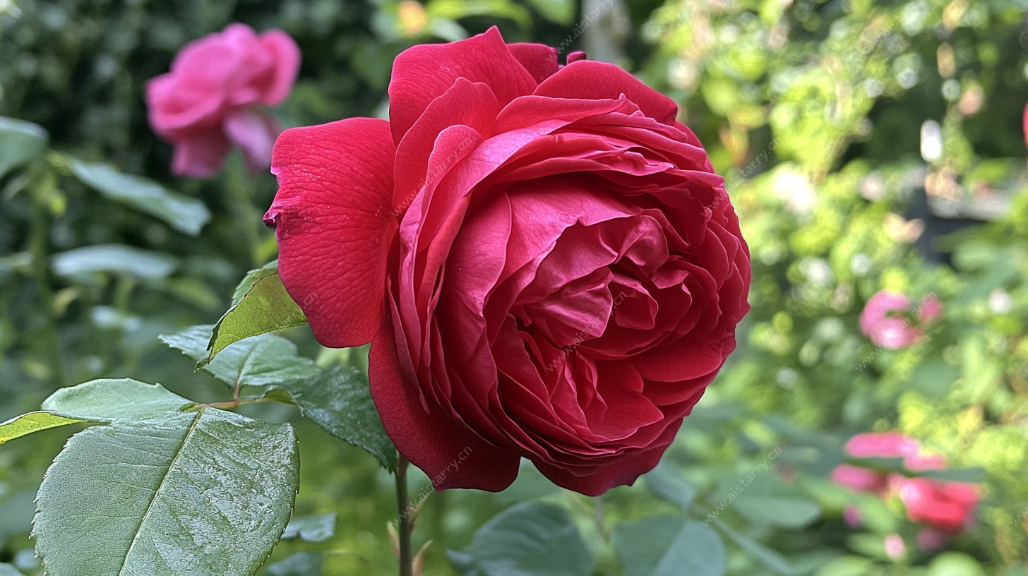 娇艳红玫瑰绽放花园中