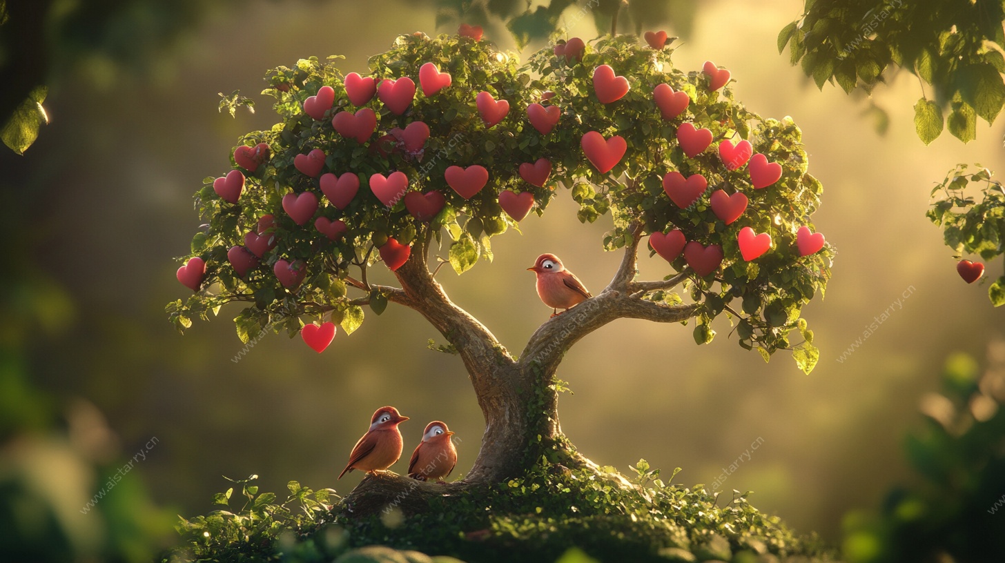 爱心苹果树与栖息小鸟