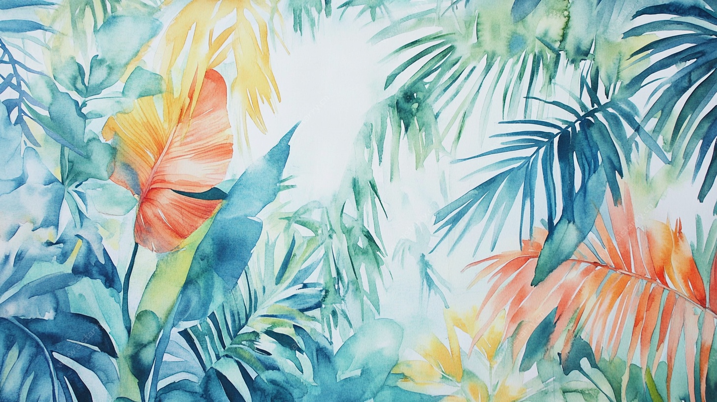 热带风情植物水彩画