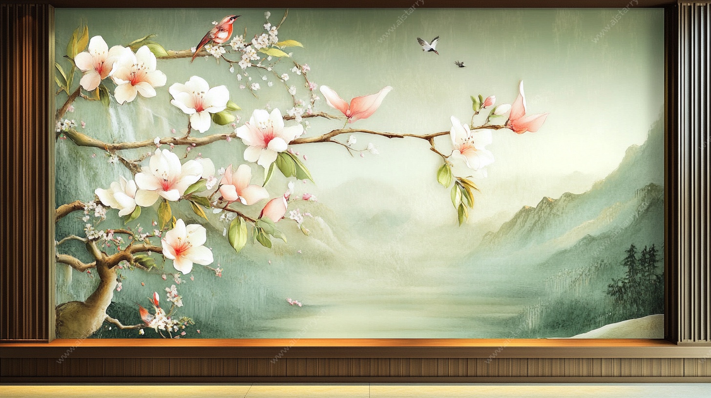 中式花鸟山水壁画