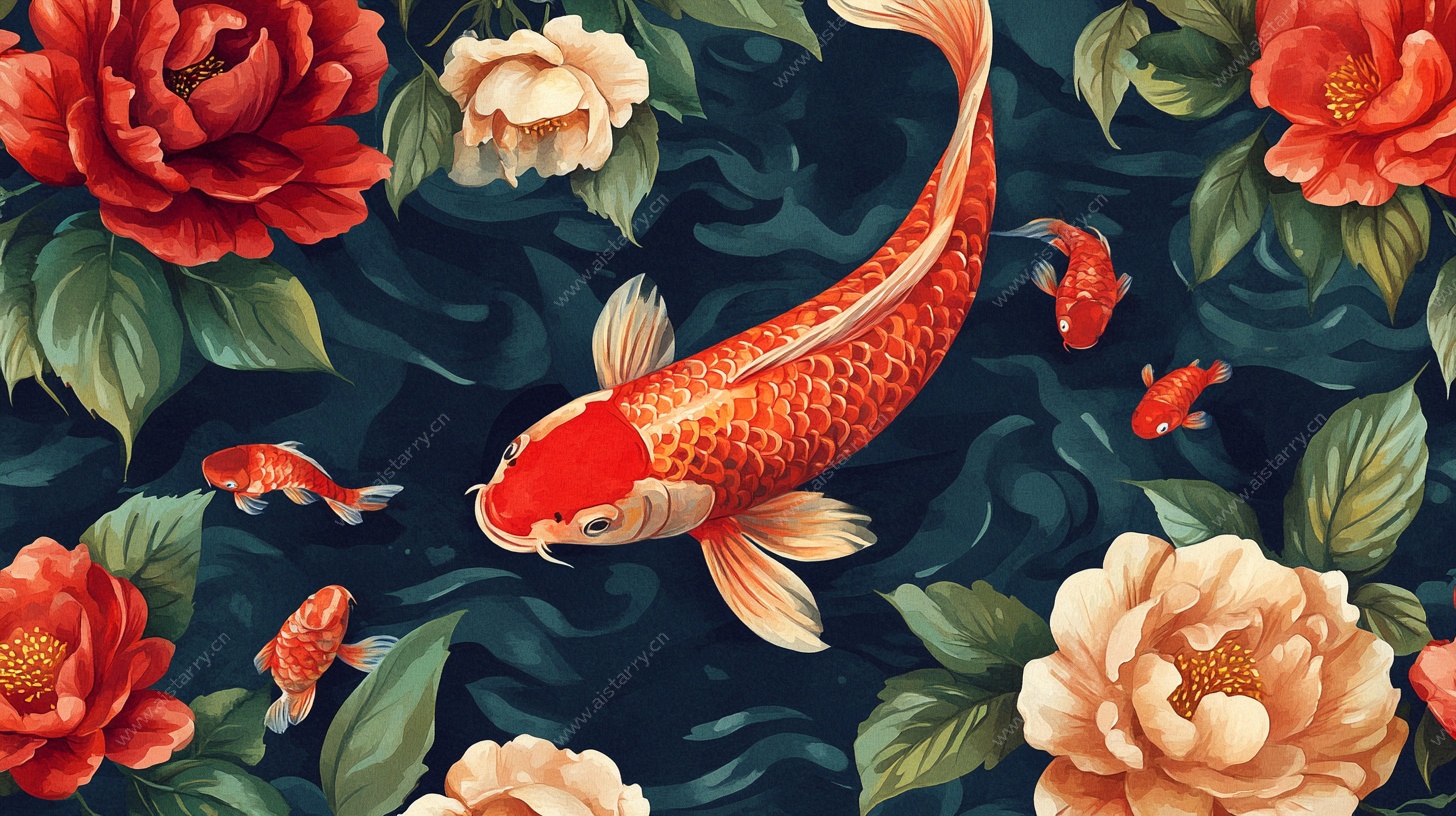 锦鲤戏牡丹国风插画