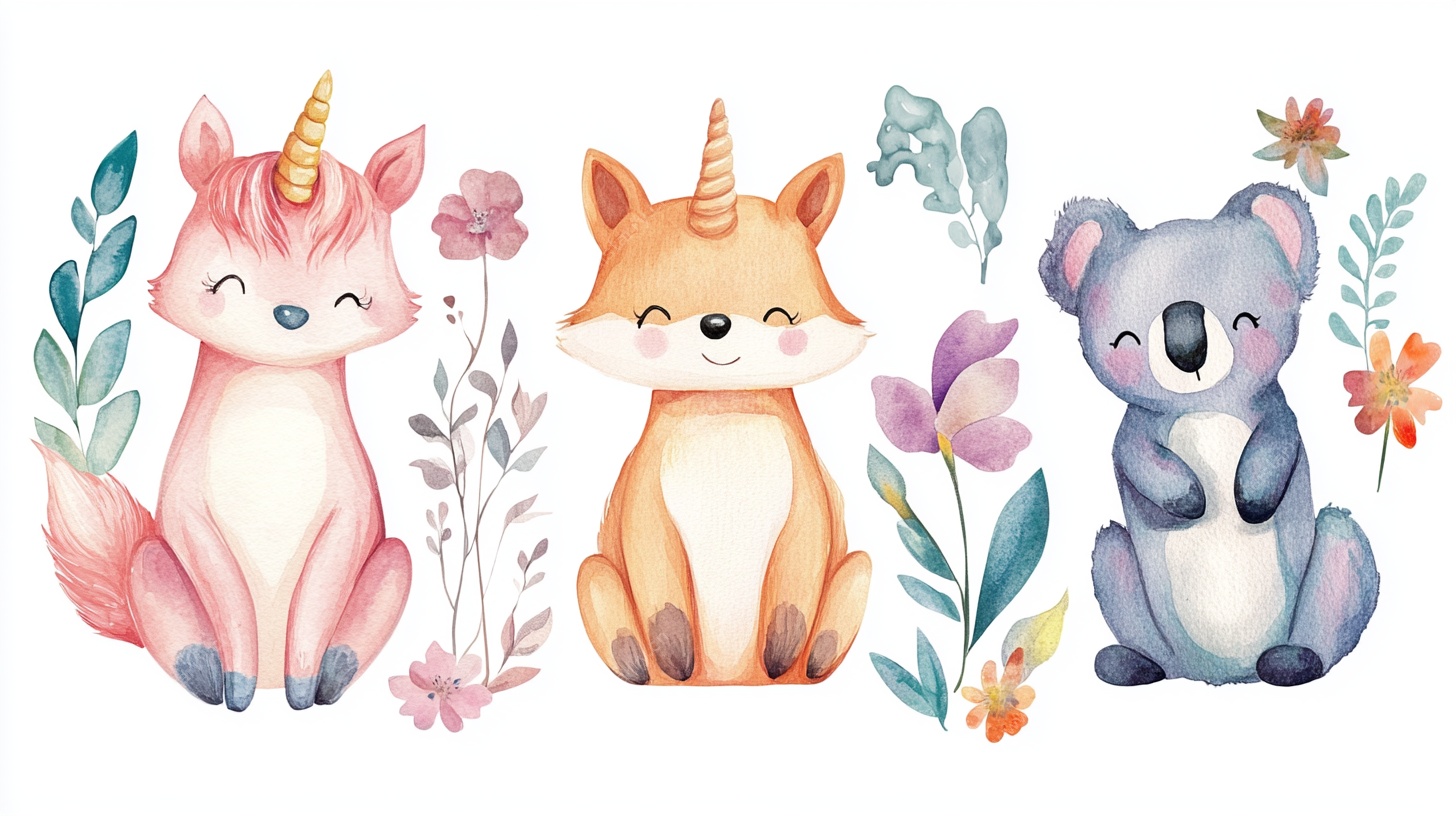 可爱萌宠与花卉插画组合