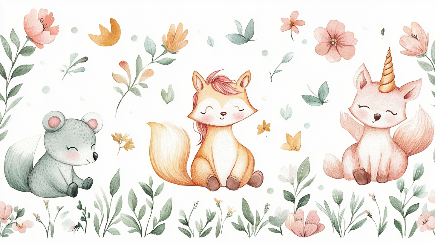 可爱动物花卉插画