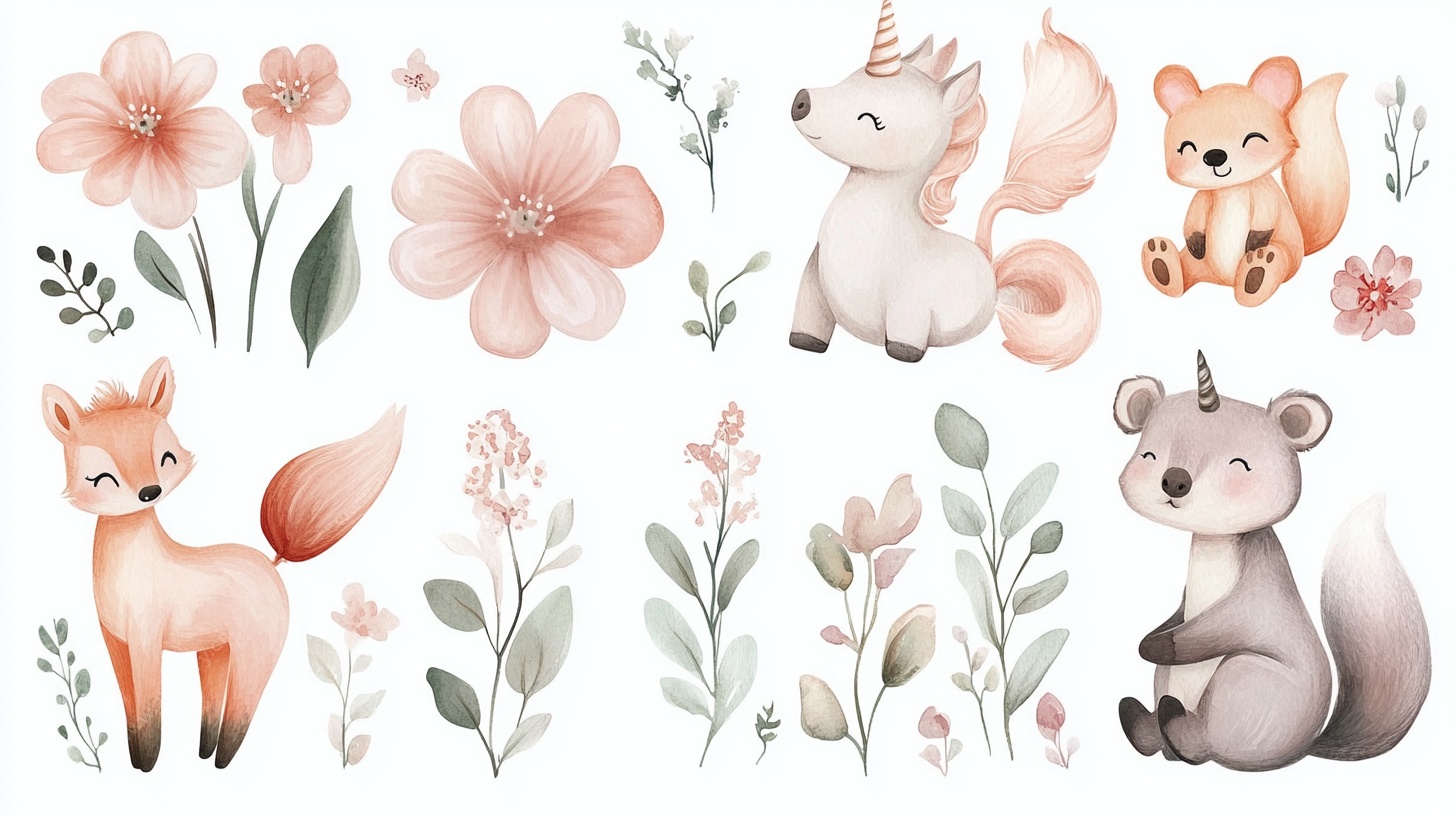 可爱动物花卉插画集合