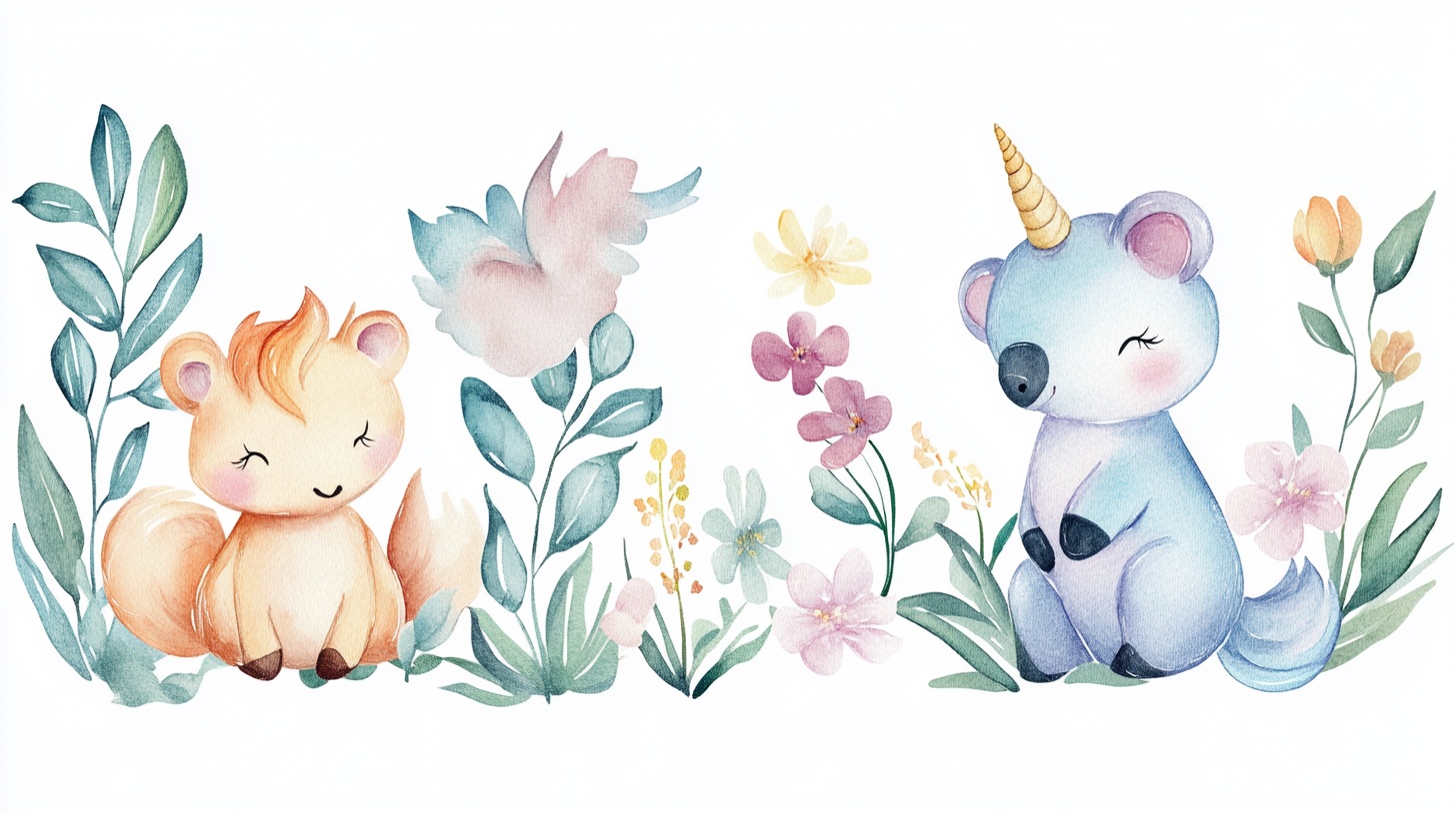 可爱动物花卉水彩插画