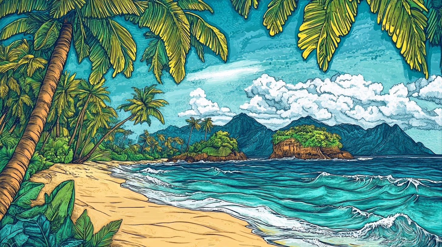 夏日海滨风光手绘插画