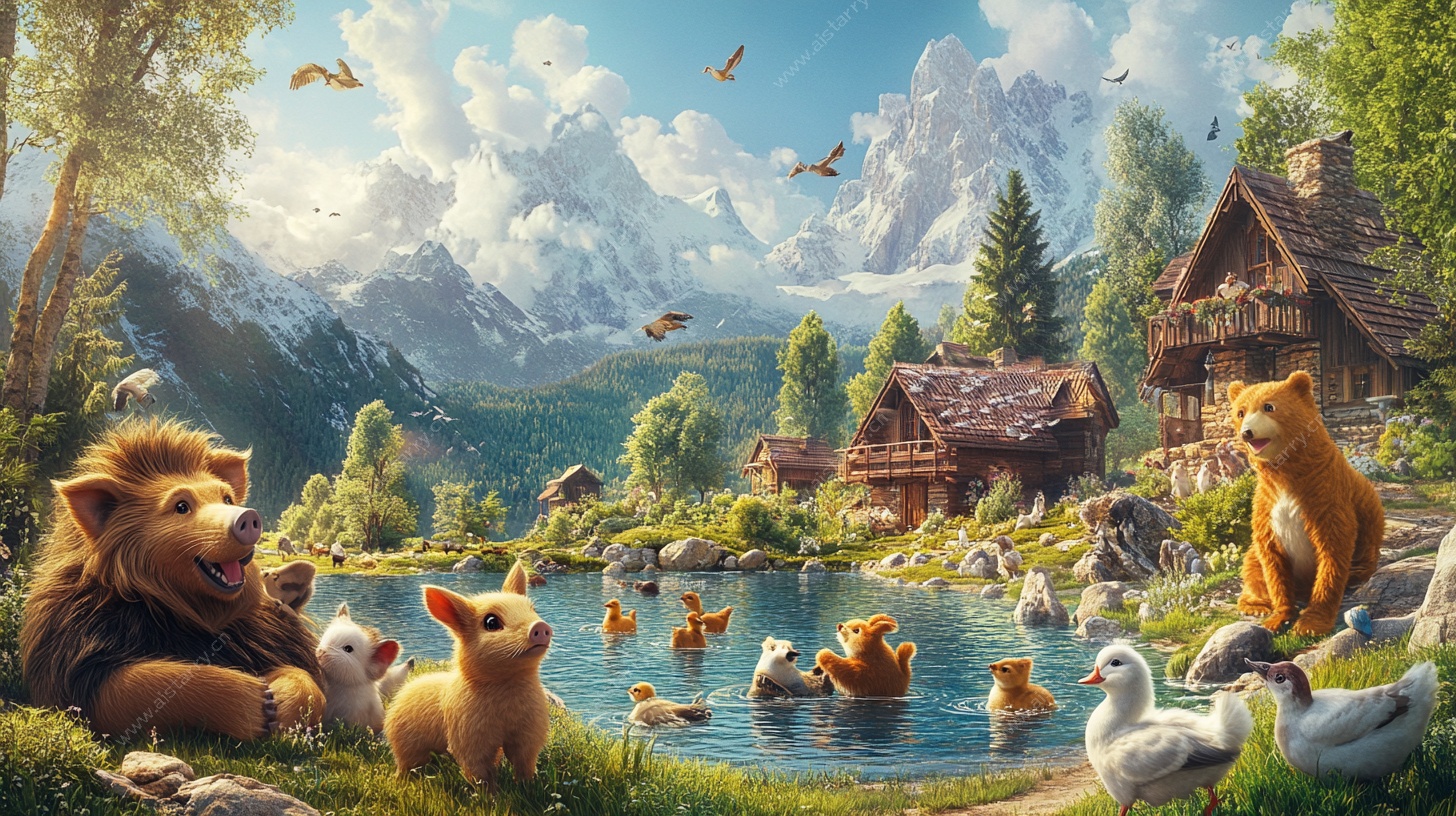 动物欢聚的田园梦幻风光