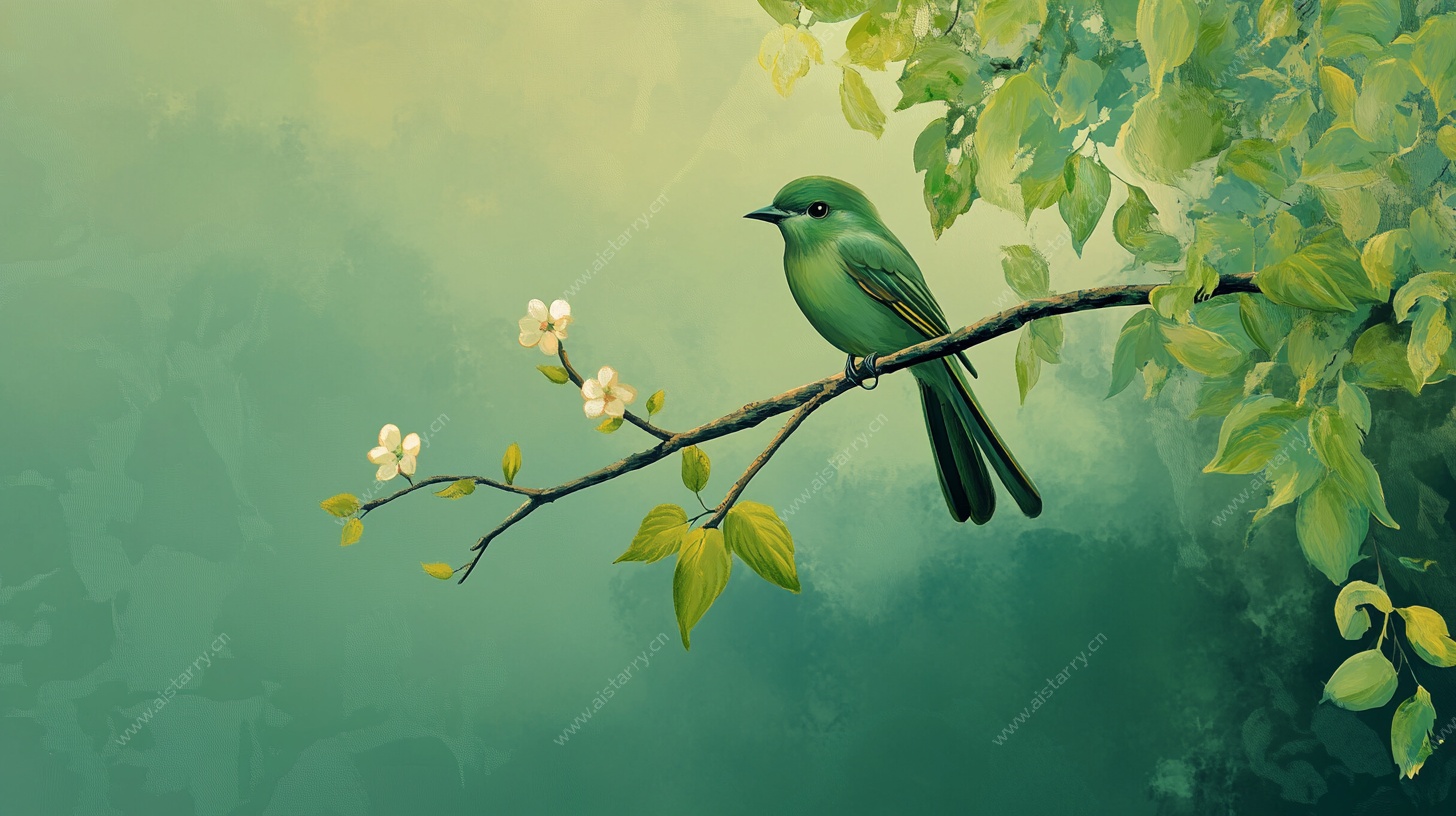 绿枝上的静谧小鸟