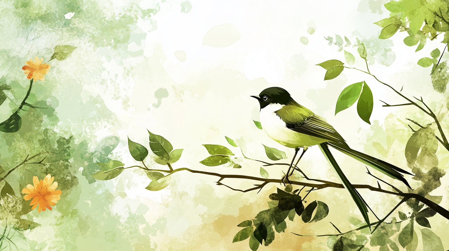 枝头小鸟的清新水彩画