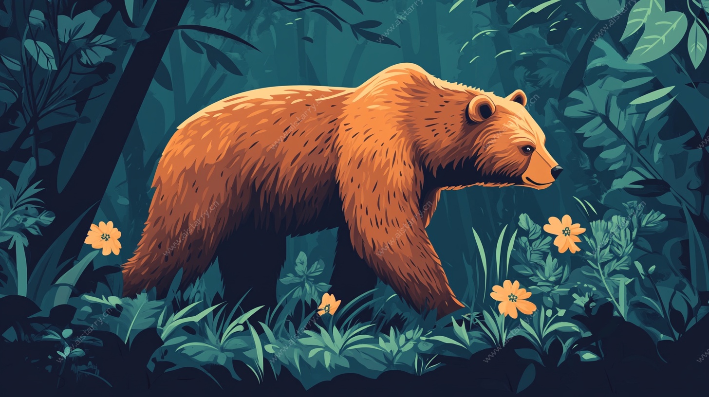 森林漫步的棕熊插画