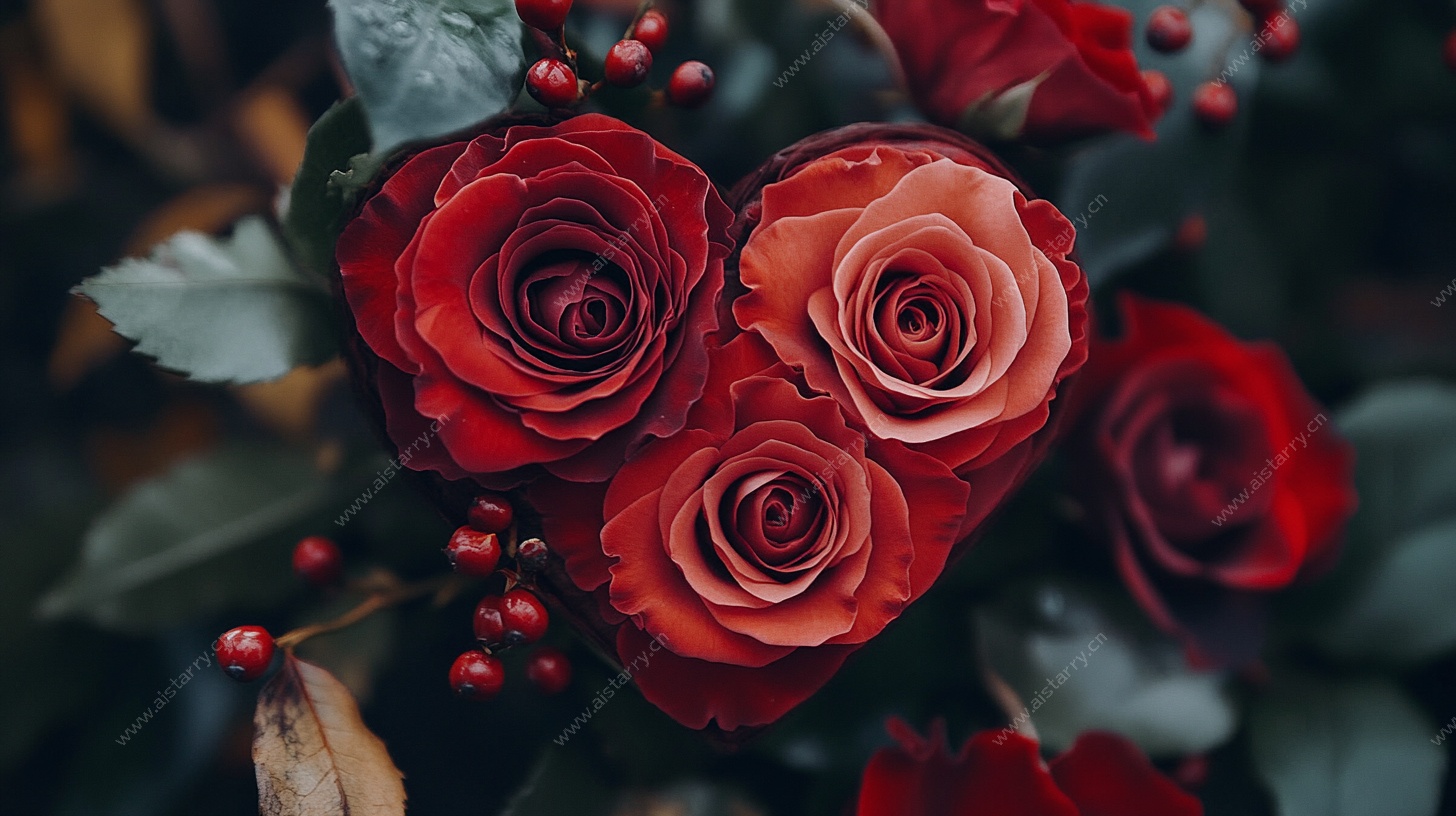 娇艳红玫瑰与浆果特写