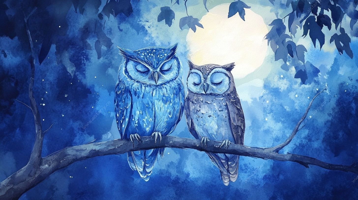 月夜双猫头鹰插画