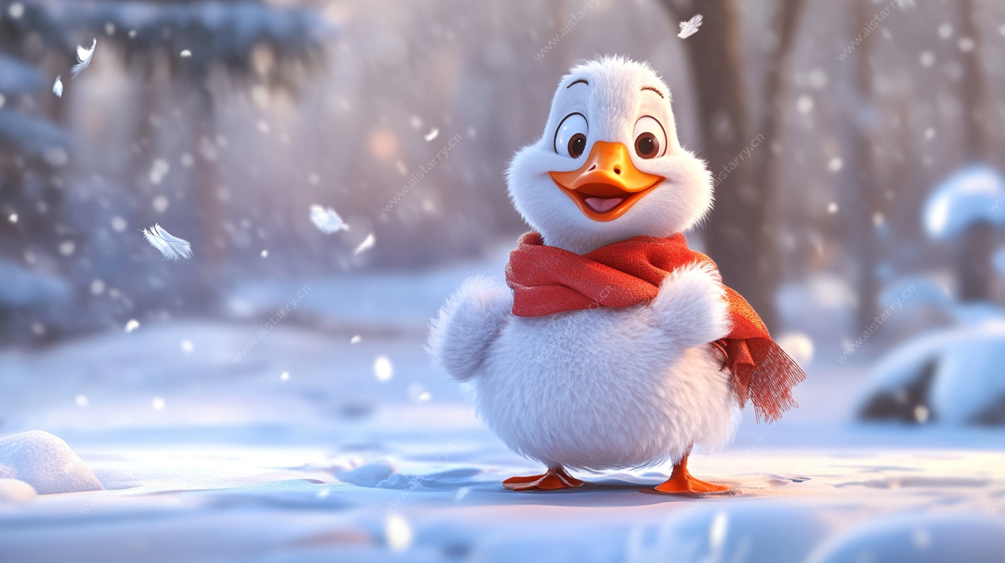 雪中小鸭的冬日萌趣瞬间