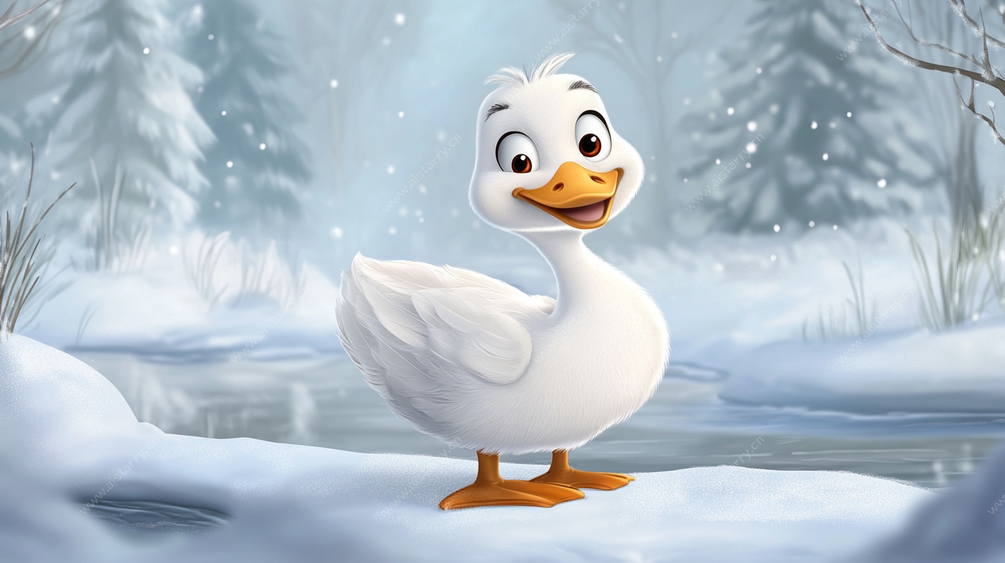 雪地中的快乐白鸭