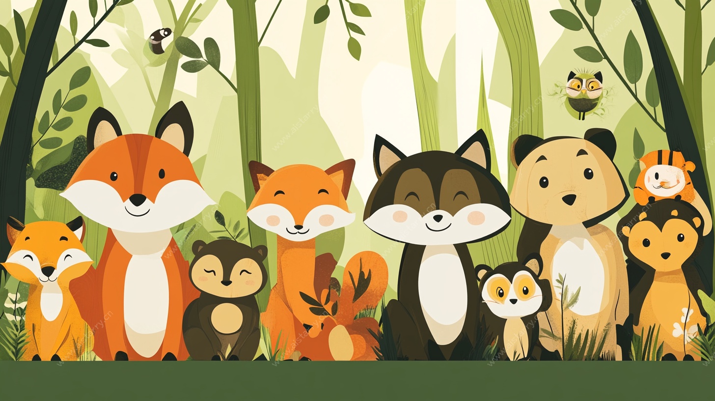 森林中的可爱狐狸家族