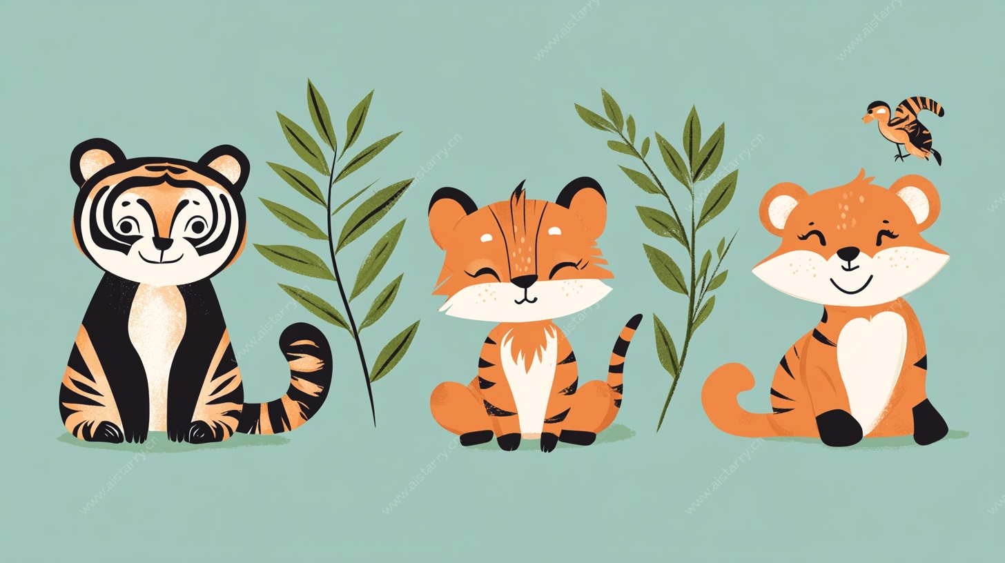 三只萌虎与竹叶插画