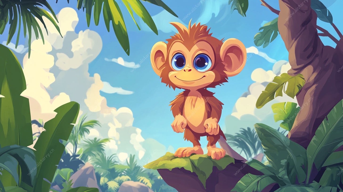 可爱小猴立于丛林岩石间