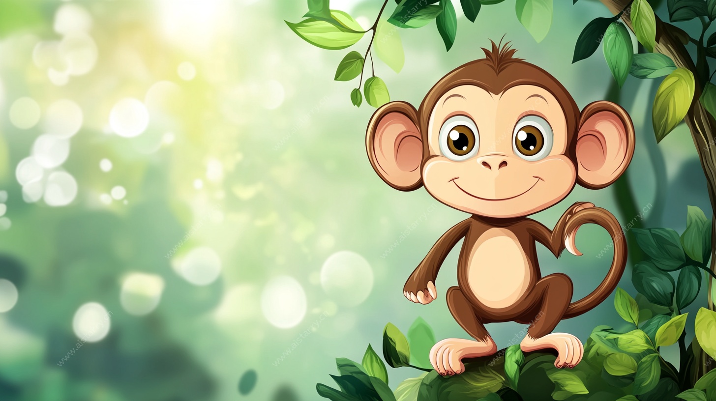 可爱小猴在绿意丛林中