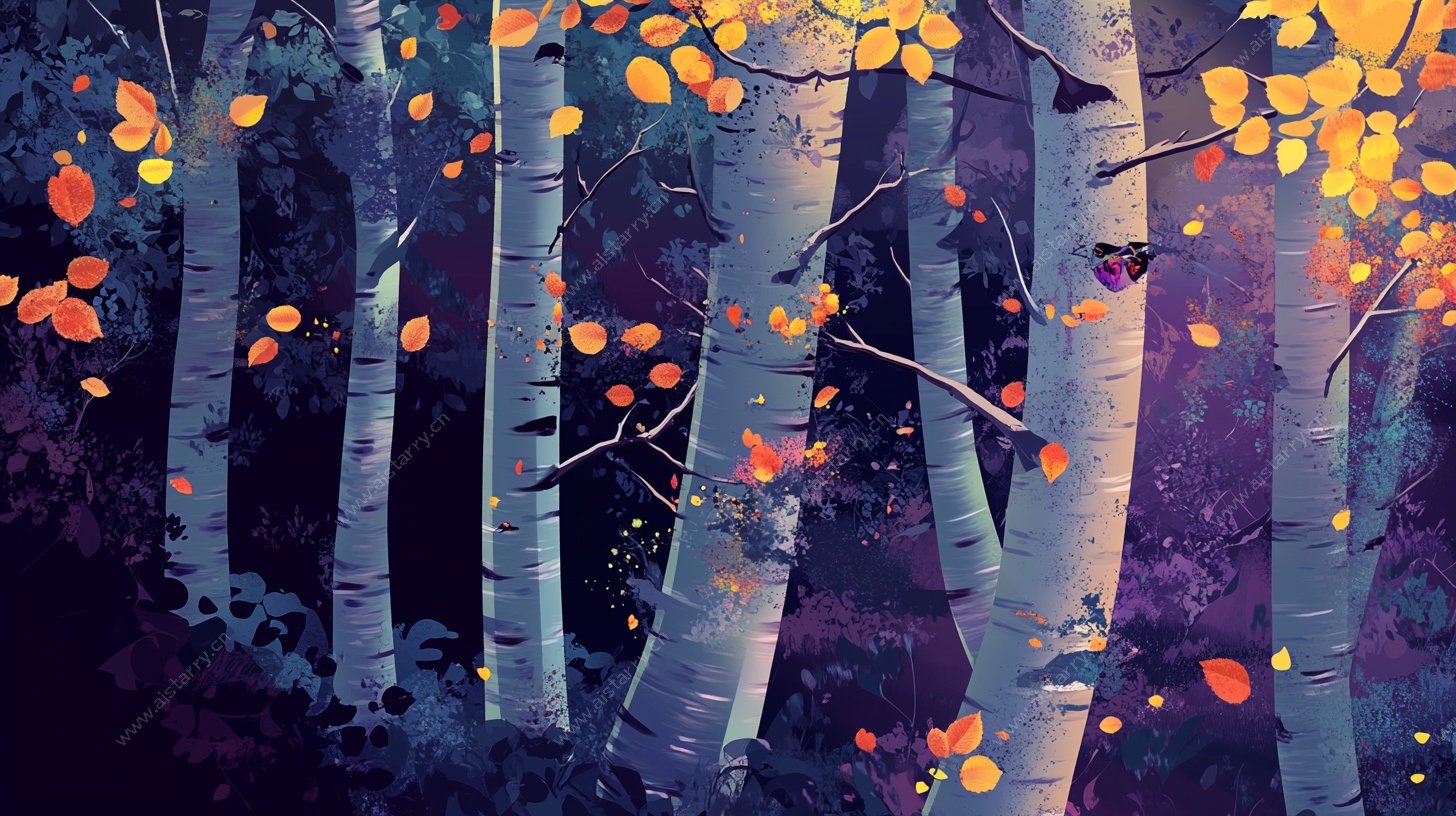 秋夜白桦林梦幻插画
