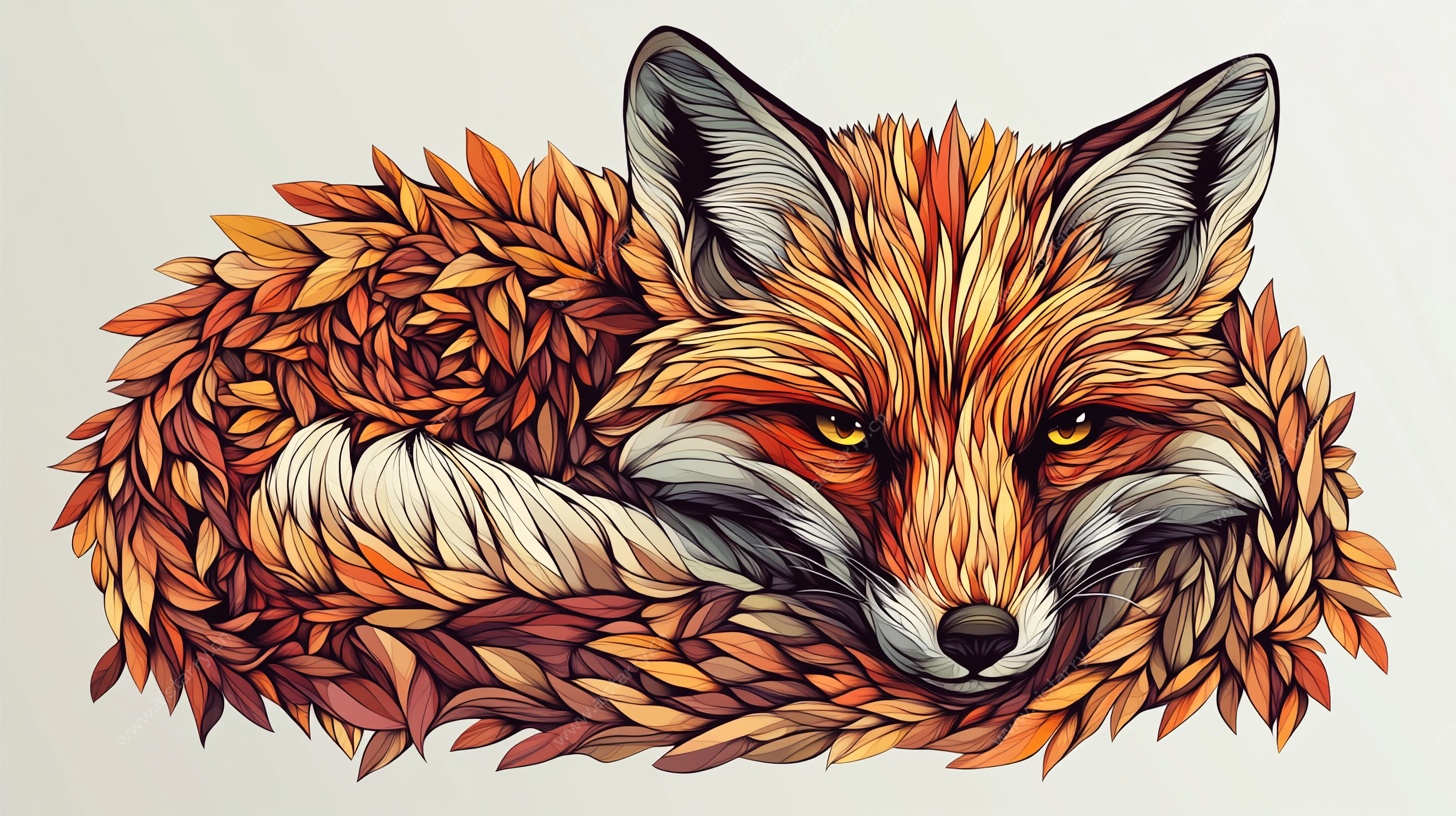 蜷卧的秋叶狐狸插画