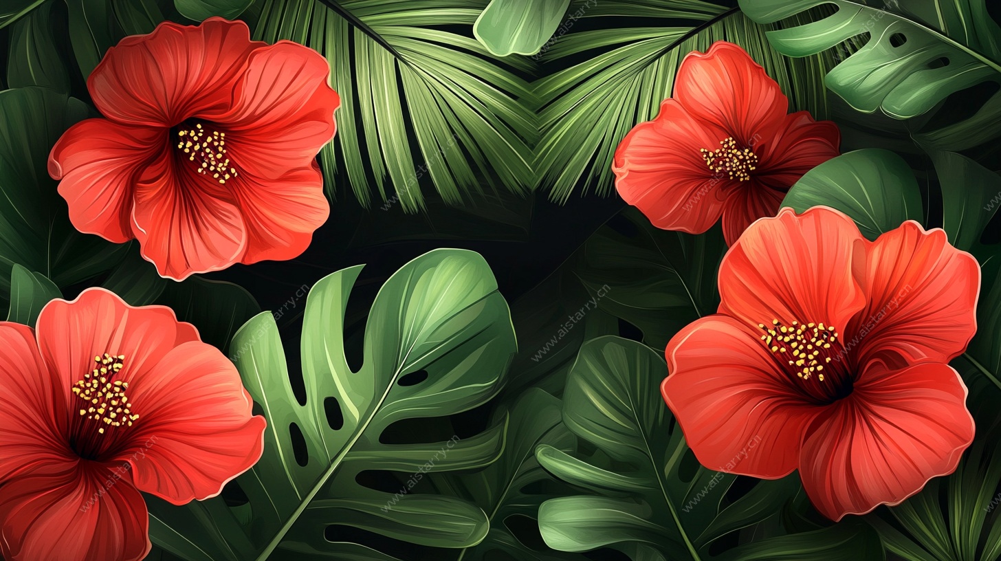 红色扶桑与热带绿叶插画