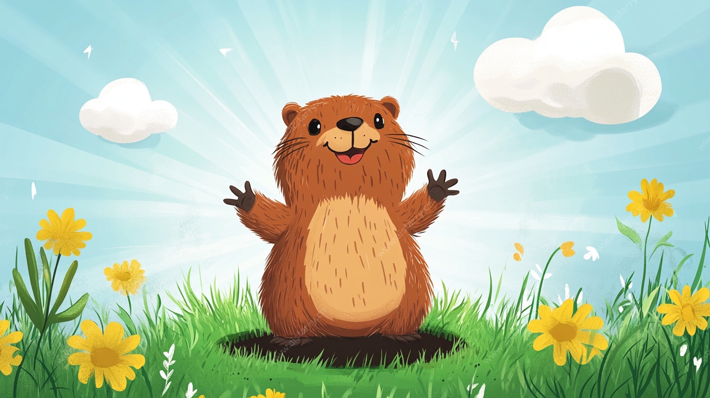 可爱海狸在春日草地欢呼