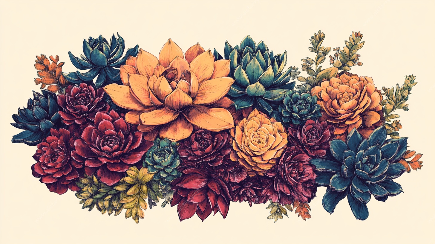 多彩多肉花卉组合插画