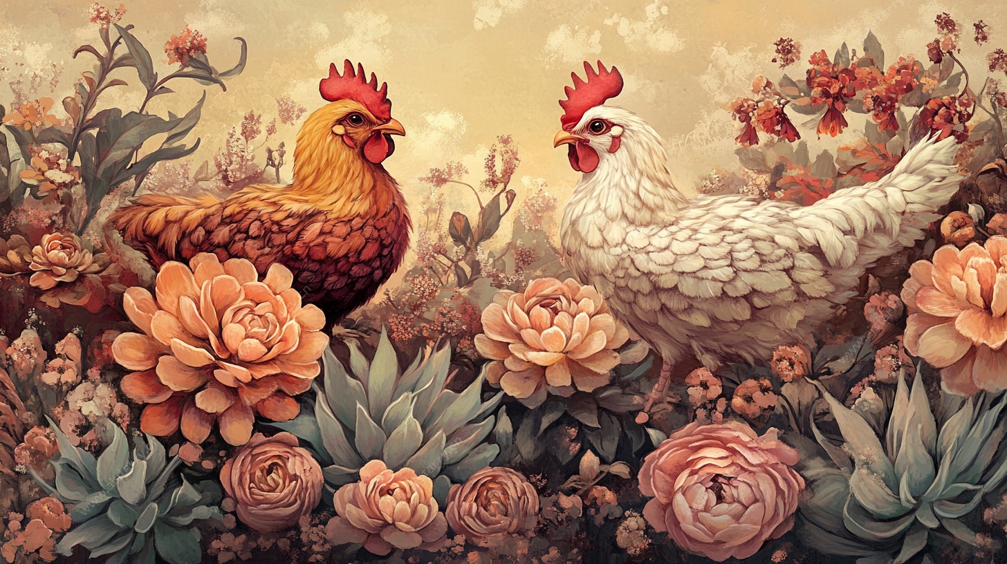田园双鸡与繁花图景
