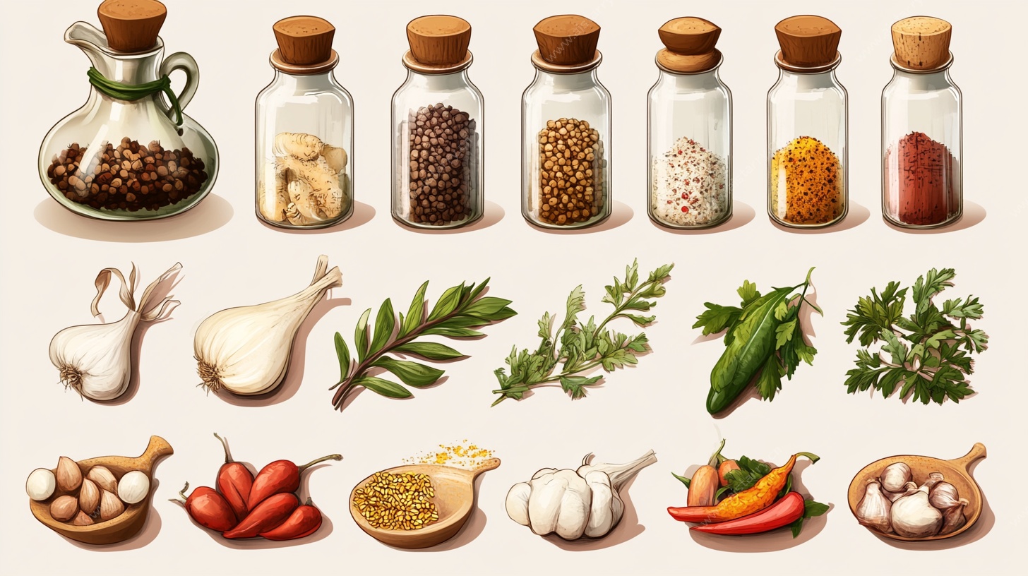 厨房香料与香草插画集合