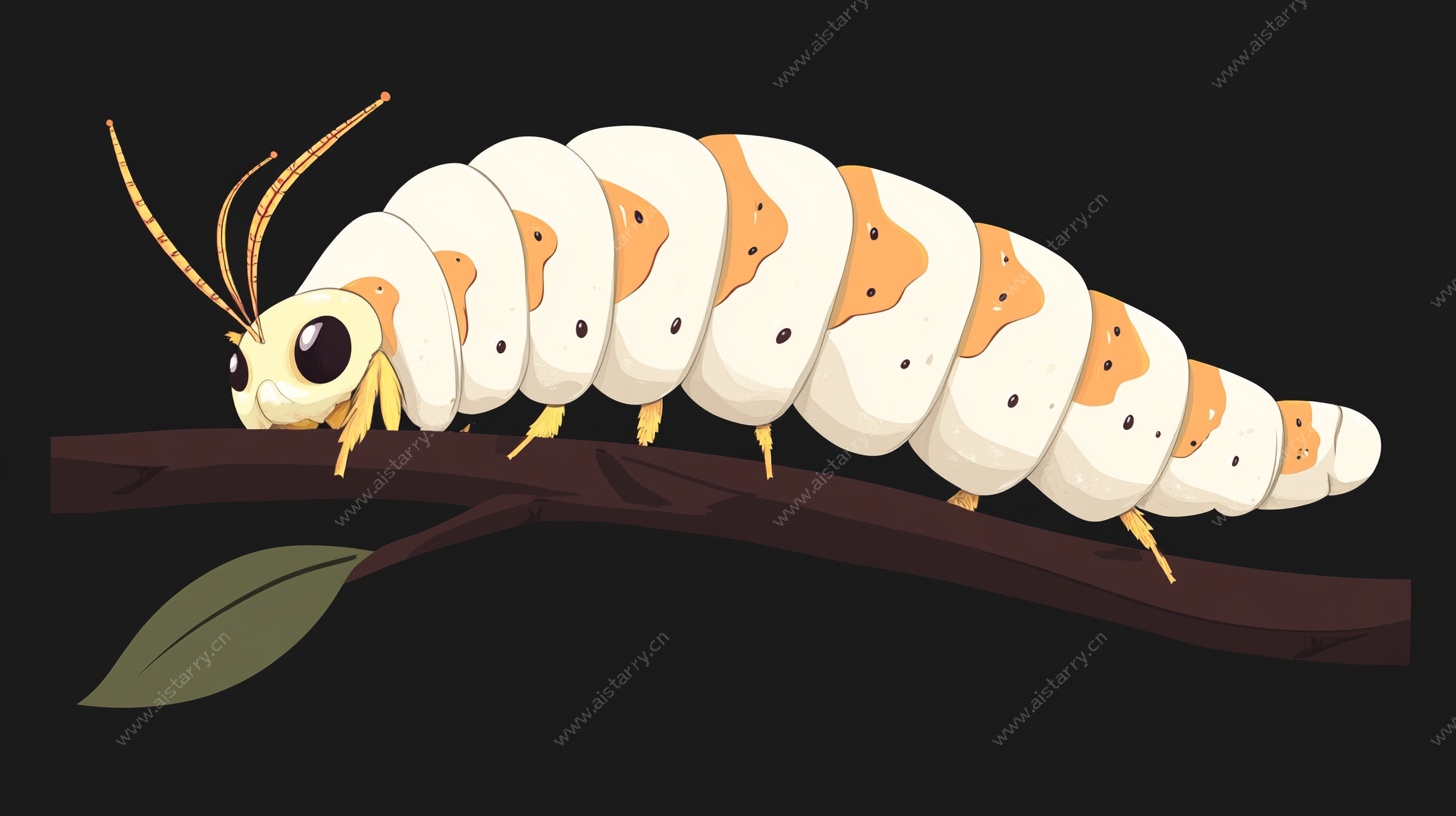 卡通蚕宝宝趴在树枝上