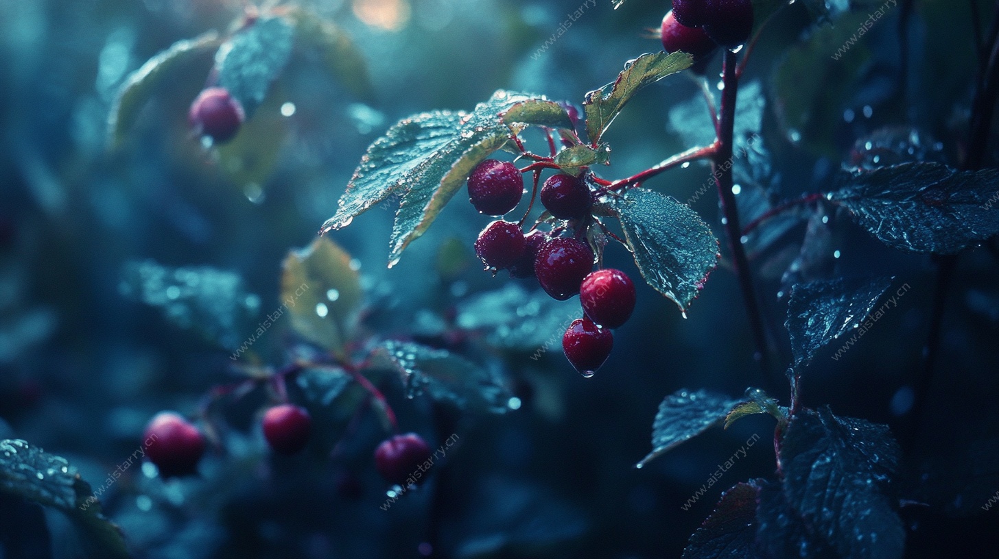 带露红果的诗意植物景象