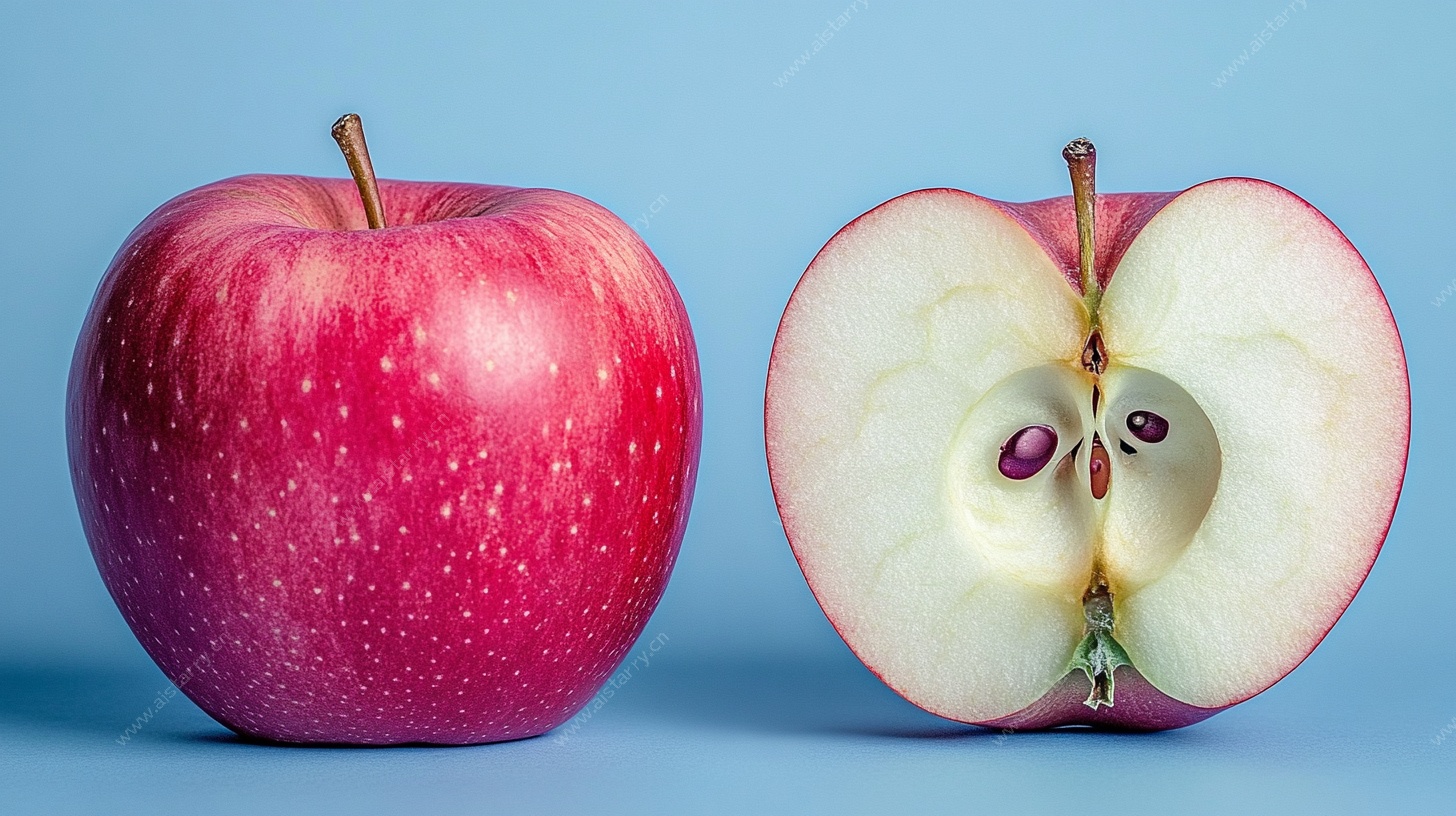 完整与切开的红苹果