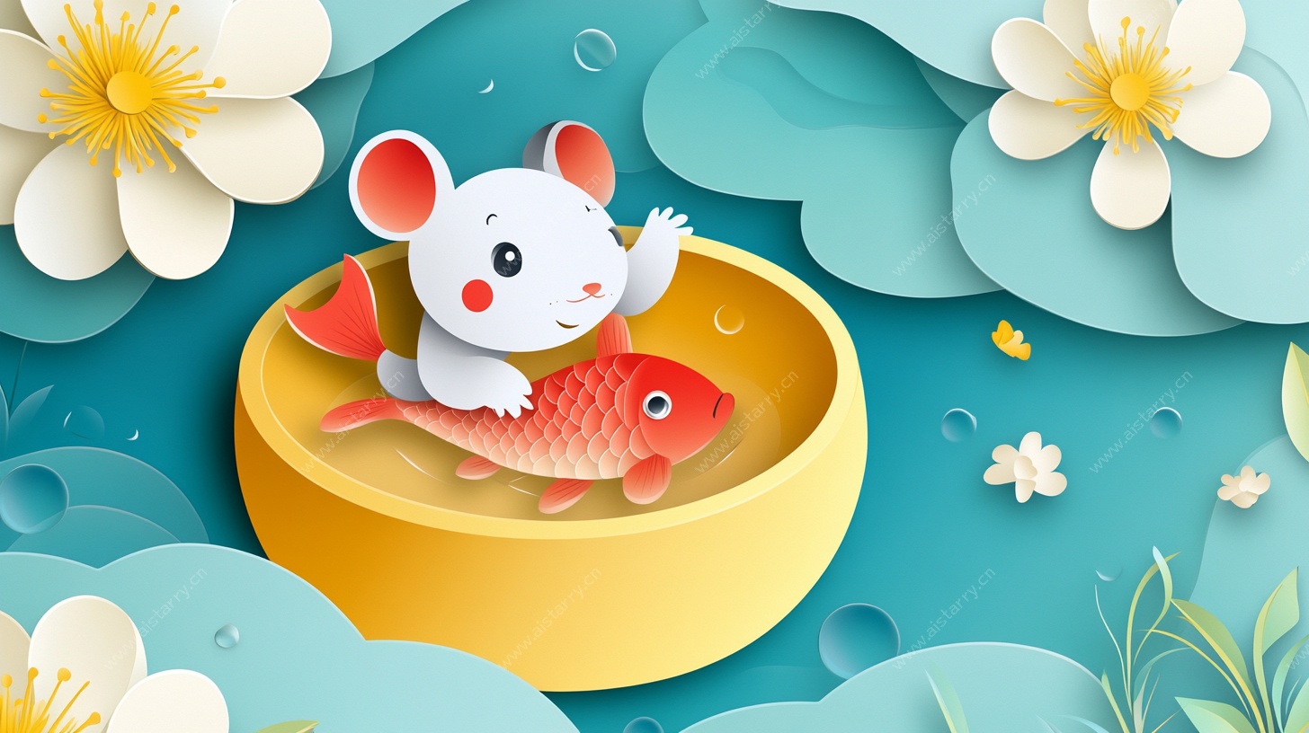 鼠鱼同框贺春插画