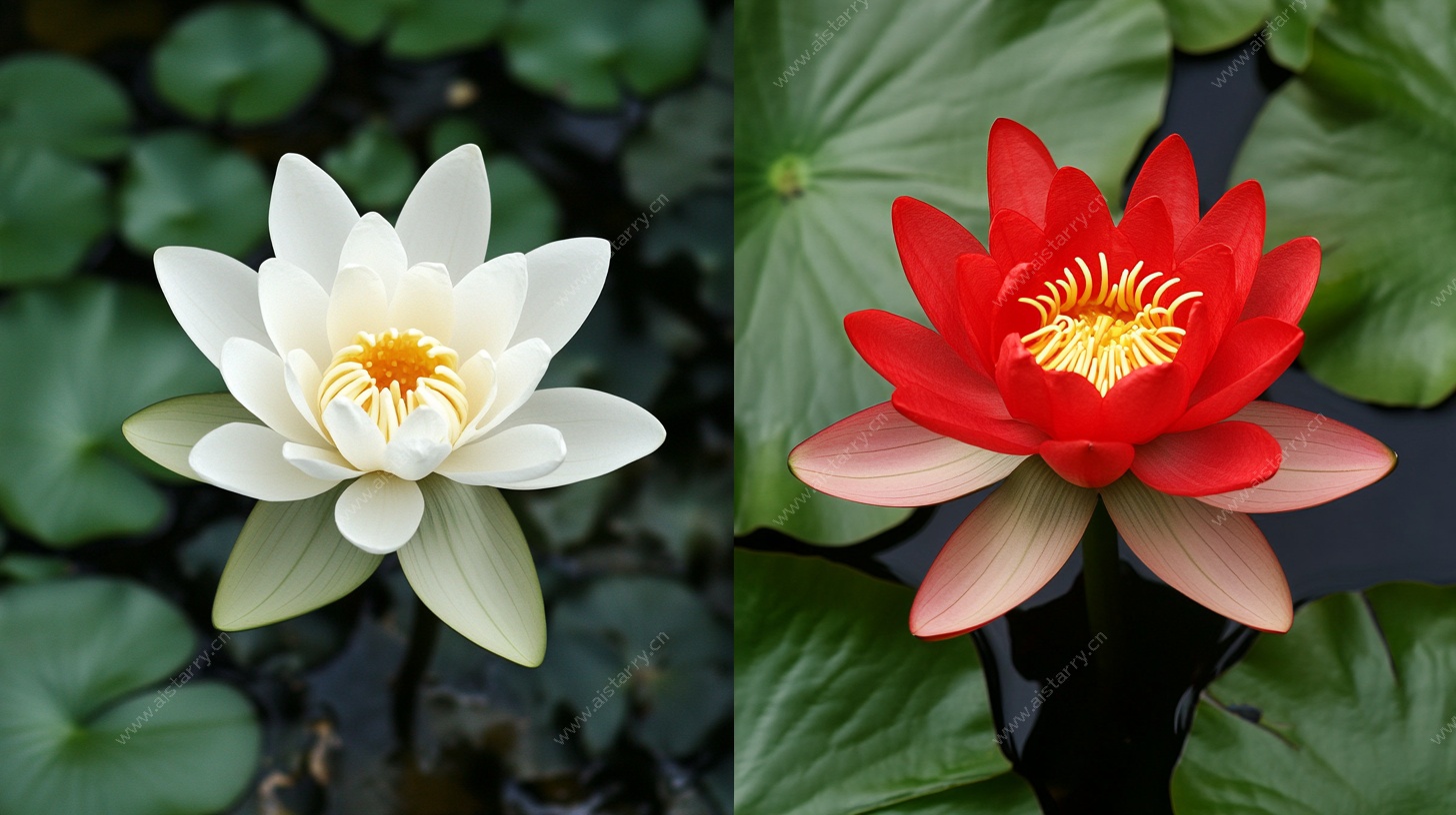 双色睡莲绽放于莲叶间