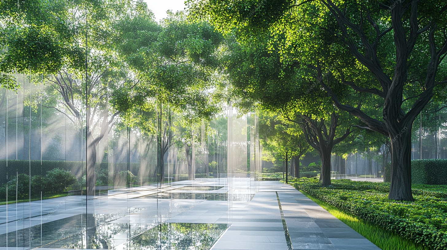 阳光洒落的林荫水景步道