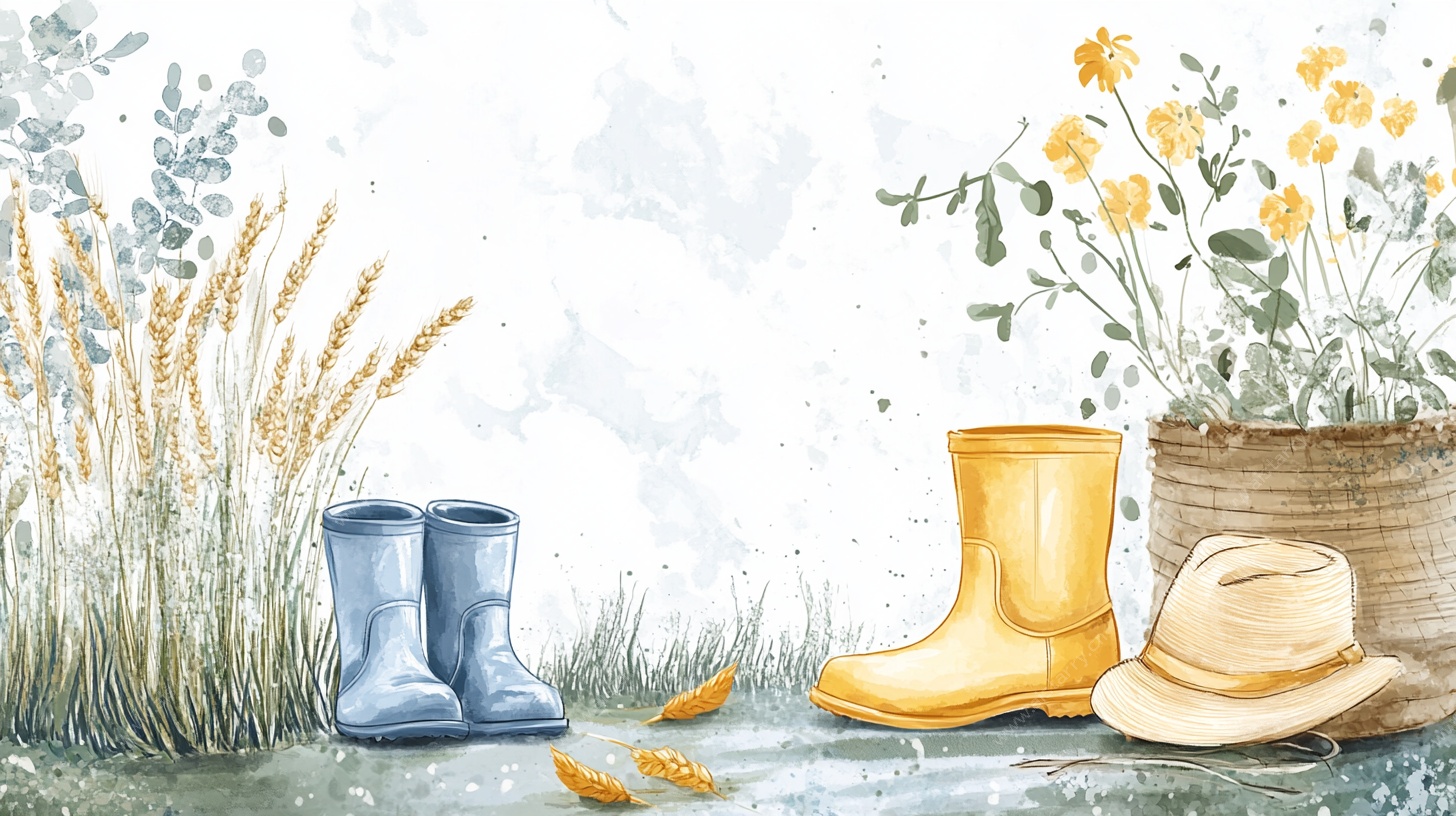 田园风雨靴与草帽插画