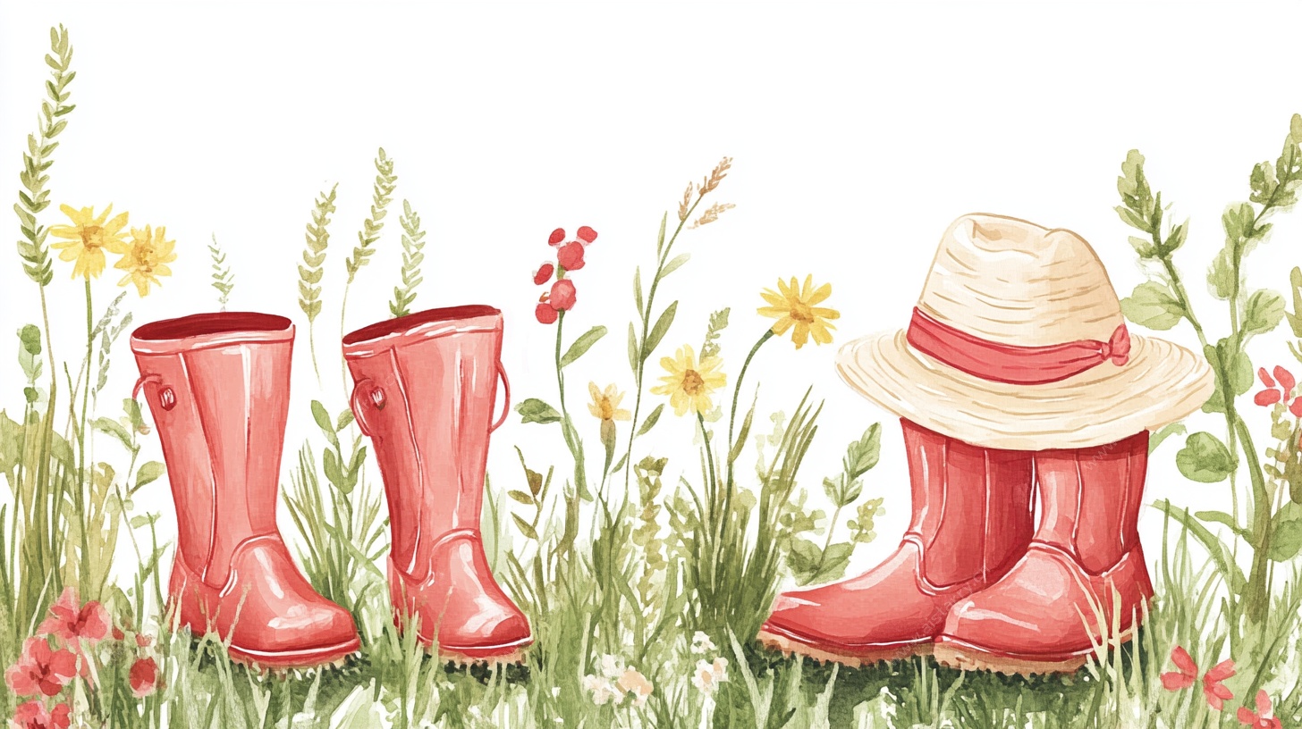 田园风雨靴草帽插画