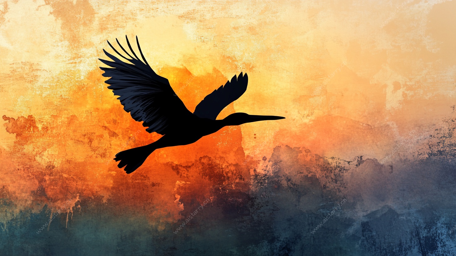 飞鸟剪影映于绚烂晚霞