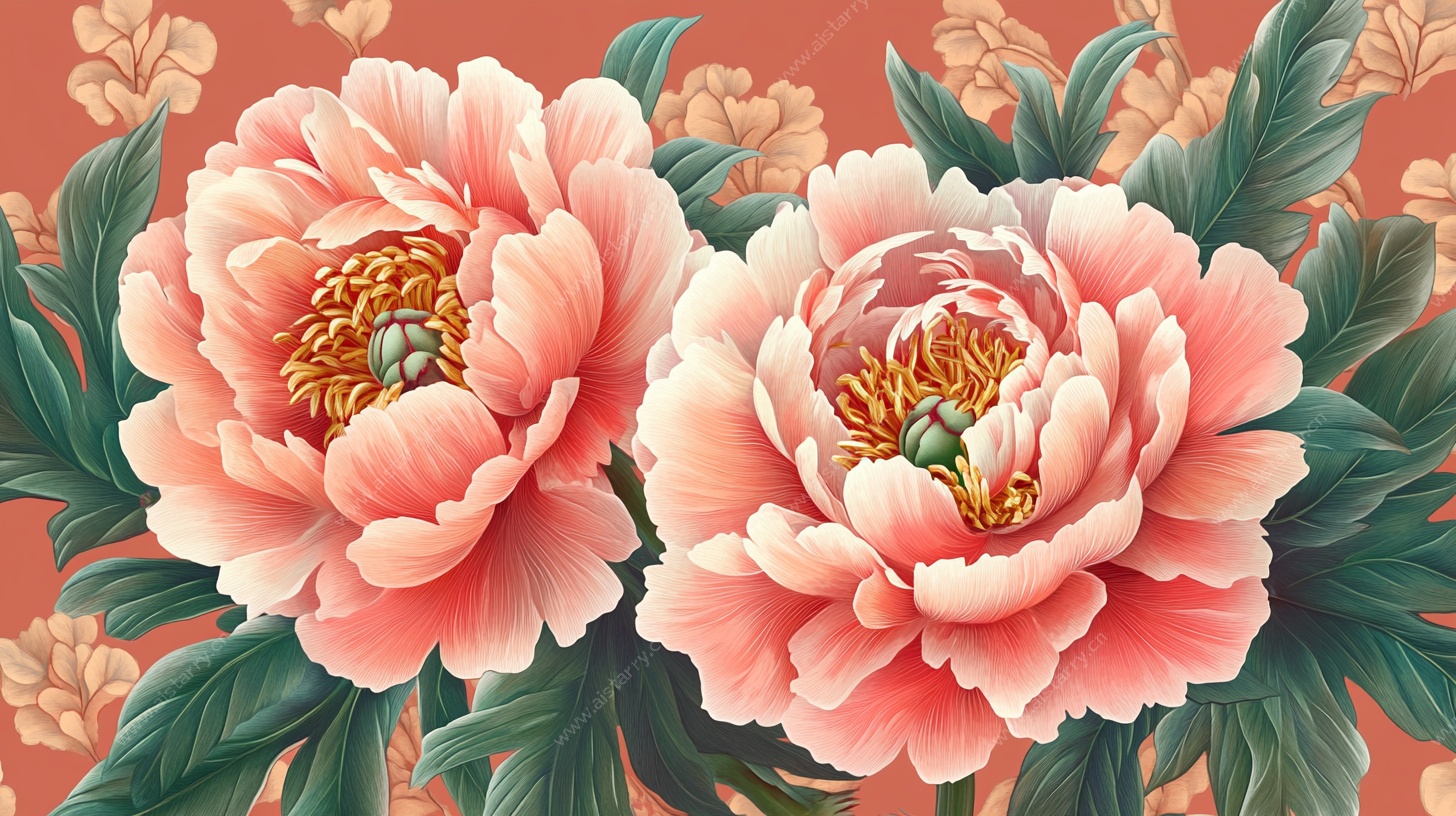 双朵绽放的国风牡丹花