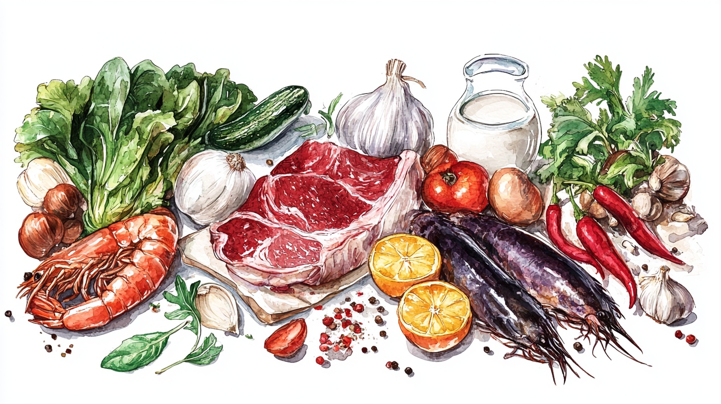 手绘多彩生鲜食材组合