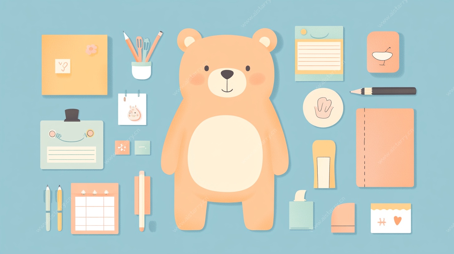 小熊与办公文具插画