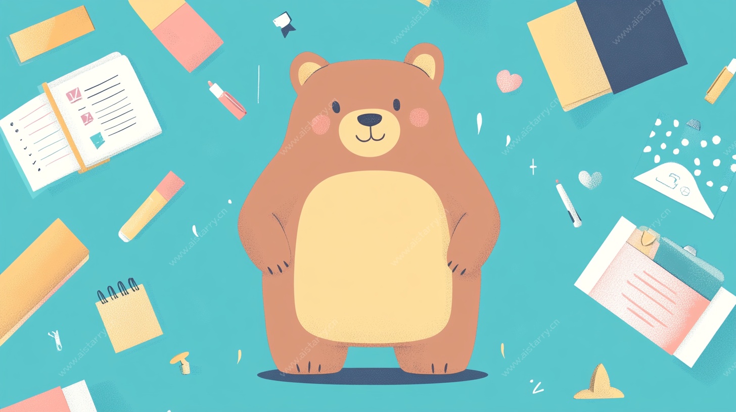 可爱棕熊与学习用品插画